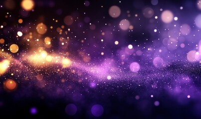 Obraz premium Abstract purple background with blurred lights and particles. Glitter effect, shiny dust in the air. Shiny background design for presentation or party flyer, poster, banner template