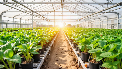 Sunlight streaming in empty greenhouse with potted plants, growth potential