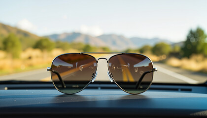 Sunglasses resting on car dashboard for scenic road trip