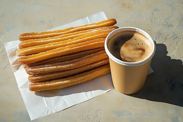 A stack of long churros on paper with a paper cup with coffee beside it. outdoors