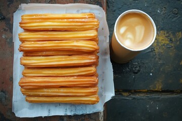 A stack of long churros on paper with a paper cup with coffee beside it. outdoors