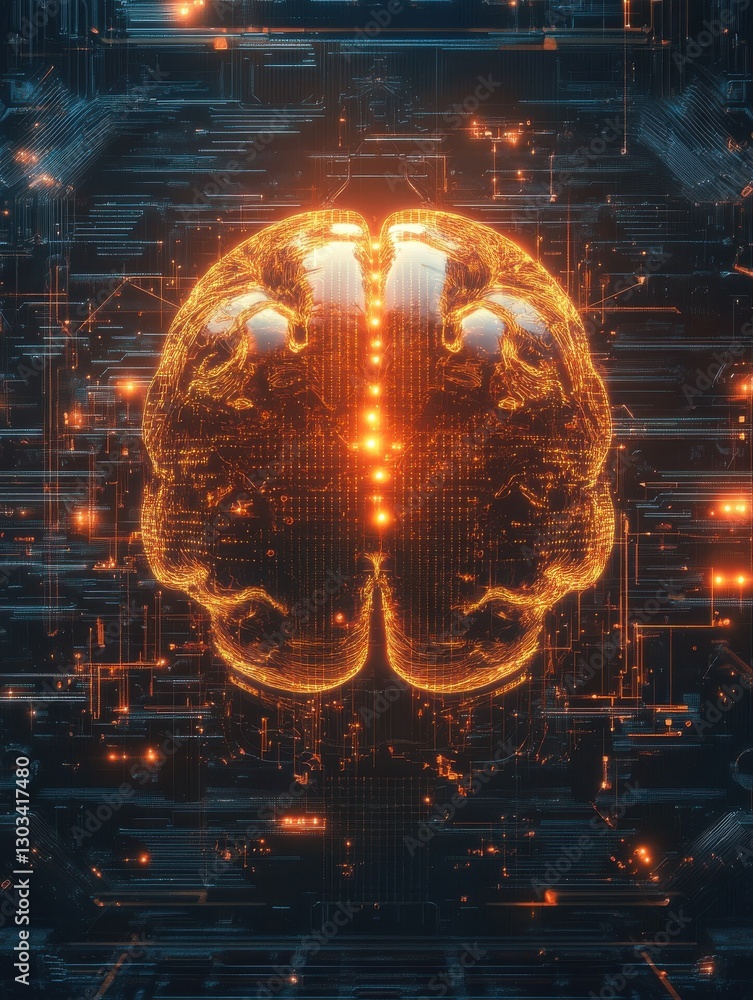 Poster a glowing digital brain surrounded by gears and circuit patterns, symbolizing the intersection of te