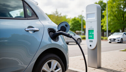 Electric car charging at station, eco-friendly transportation
