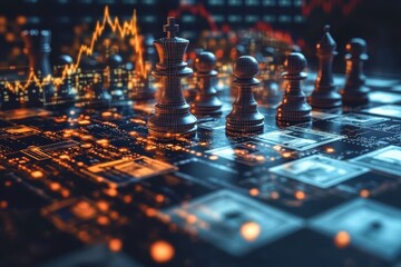 Digital Chess Strategy on a Circuit Board with Financial Graph in the Background
