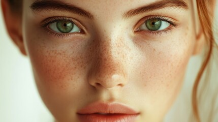 Fototapeta premium Youth and skin care concept. Highly-detailed close up portrait of pretty teenage girl with perfect clean freckled skin and green eyes looking at the camera with calm face expression, with lips parted