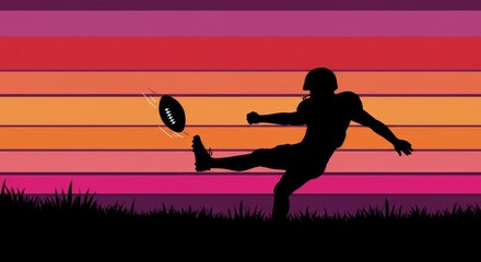 American Football Player Silhouette at Sunset - Silhouette of an American football player kicking a ball against a vibrant sunset backdrop. Perfect for sports themes