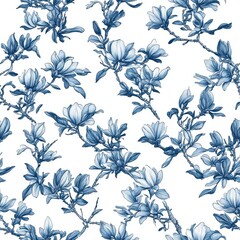 Elegant Magnolia Floral Pattern Serene Botanical Surface Seamless Design in Blue Hues Delicate Artwork