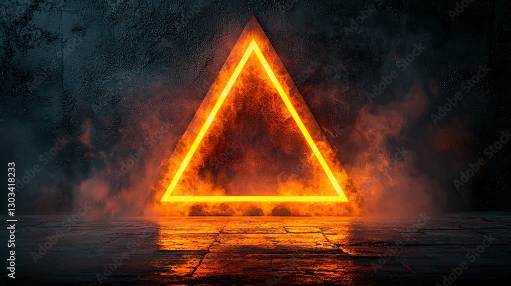 Poster fiery triangle shape in dark grungy studio background