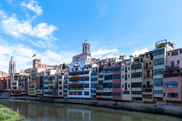 Colorful facades of houses on the river Onyar in Girona, Spain