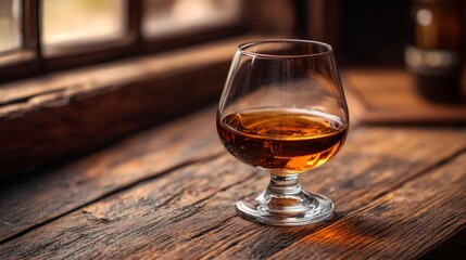 Glass of whisky sitting on rustic wooden table near window