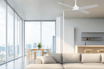Fototapeta premium A white, modern office interior with panoramic windows and a concrete floor, an empty wall for text or graphics