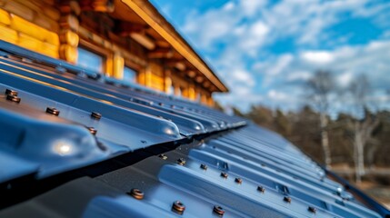 Efficient metal rain gutter system on roof for optimal drainage and water damage protection