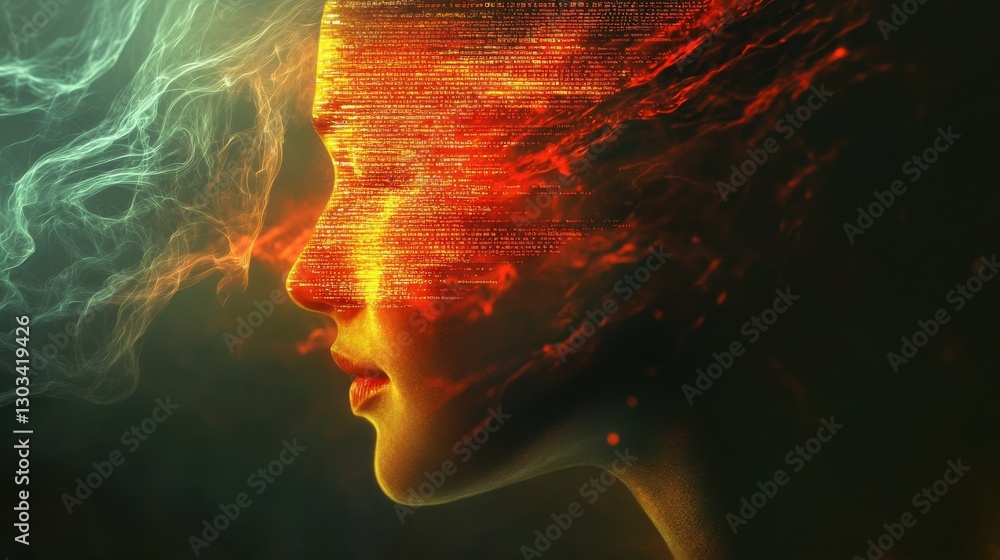 Poster digital mind: a captivating image of a woman's profile merged with flowing digital code, visualizing