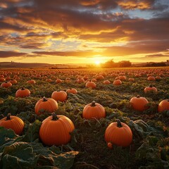 Vibrant Pumpkin Field at Sunset with Dramatic Sky and Warm Colors