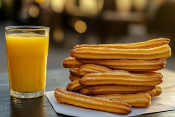 A stack of churros on paper with a glass of orange juice beside it at outdoor market