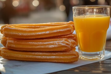 A stack of churros on paper with a glass of orange juice beside it at outdoor market