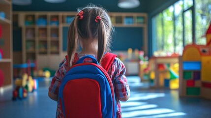 little girl stepping into a vibrant preschool classroom with her backpack surrounded by engaging toys and a joyful learning space ready for a new school adventure
