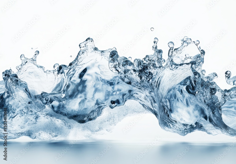 Poster captivating wave of clear water splashes with drops and bubbles against a soft white background for 
