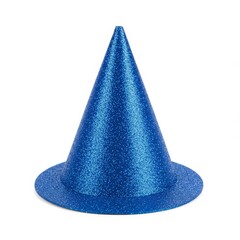 Fototapeta premium Blue Glitter Party Hat on White Background - Festive blue cone-shaped hat, perfect for celebrations, parties, and adding a touch of sparkle. Symbolizes fun, joy, celebration, magic, and whimsy
