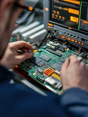 A high angle view of an engineer examining the printed circuit board at an electrical test bench equipped with oscilloscope and multimeters