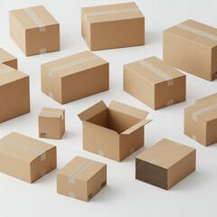 Fototapeta premium Cardboard Boxes - Multiple cardboard boxes of various sizes arranged on a white background. Perfect for e-commerce, shipping, and packaging concepts