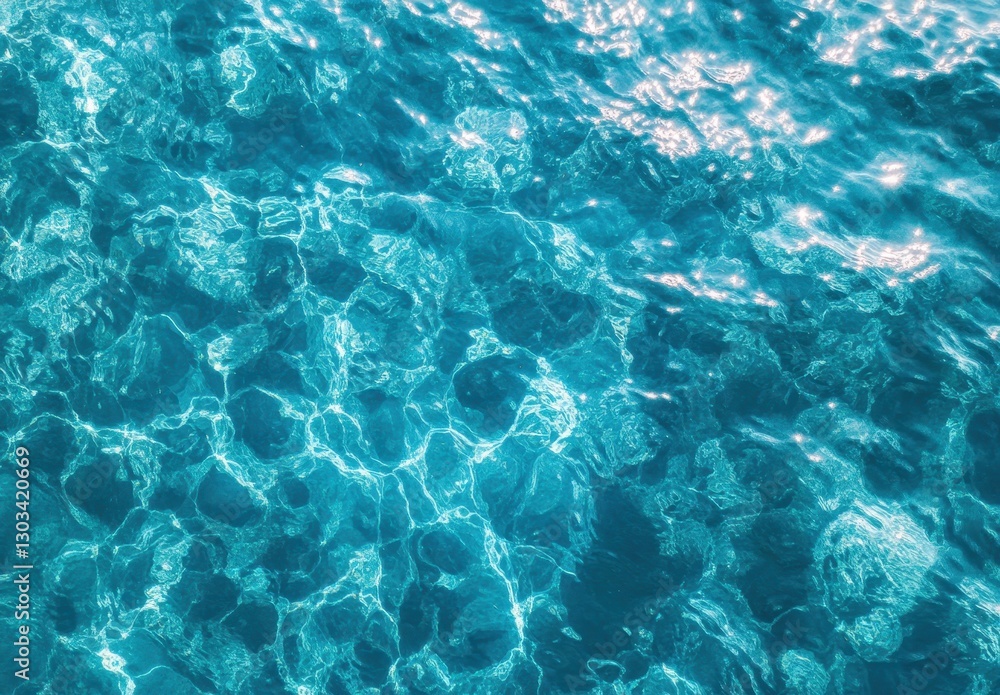 Poster clear and tranquil blue water surface with sunlight reflection creating beautiful patterns in a peac