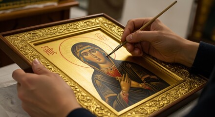 Carefully Painted Religious Icon of Saint Mary - Spiritual artwork depicting Saint Mary, symbolizing faith, devotion, motherhood, grace, and divine intervention © Epic Photo
