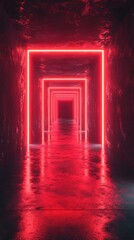 Vibrant neon tunnel with reflections in a modern urban setting at night