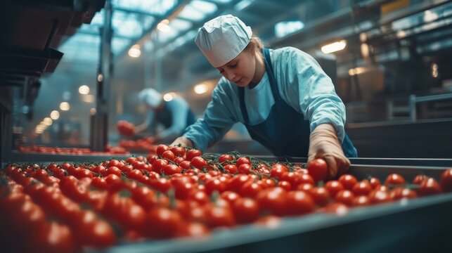 Worker packing ripe red vine tomatoes on production line in a food processing plant