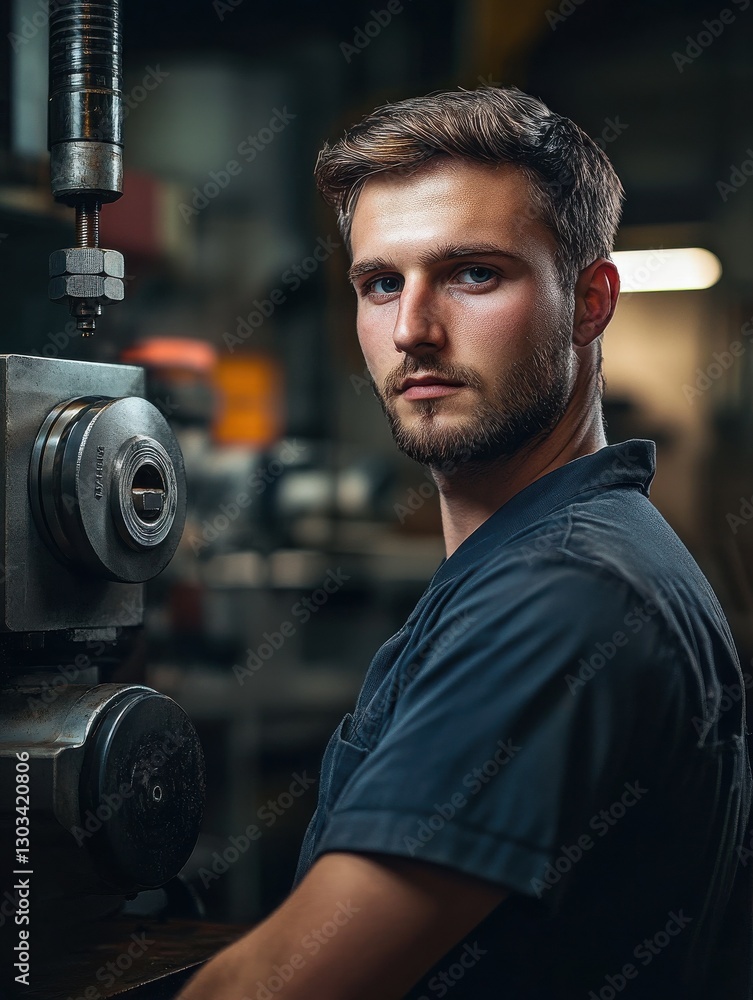 Poster portrait of engineer with computerised lathe in factory
