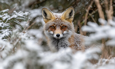 Obraz premium A stunning red fox peers through snow-covered branches, its thick fur dusted with frost as it watches with curiosity and intelligence. 