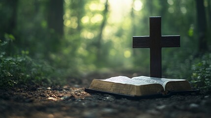 A wooden cross rests on an open Bible in a serene forest setting.