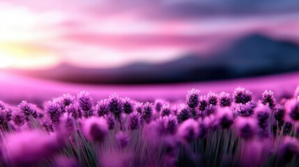 Fototapeta premium Dreamy lavender fields create a magical atmosphere under a pastel sunset sky with soft purple and pink hues