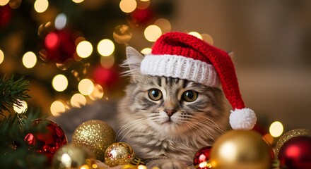 Obraz premium Cute Kitten Wearing Santa Hat Surrounded by Christmas Ornaments and Lights