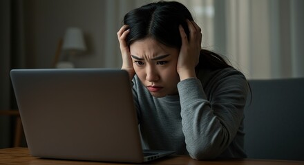 Fototapeta premium Stressed and Overwhelmed by Technology: Young Asian Woman Frustrated with Laptop, Expressing Anxiety and Pressure in Dim Home Setting. 