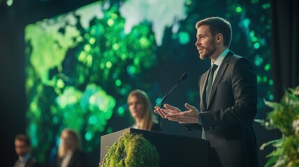 international sustainability conference with speakers sharing insights on green solutions corporate responsibility and the role of technology in environmental preservation