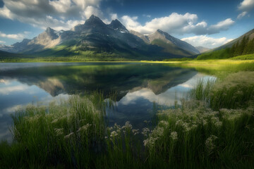 Fototapeta premium A breathtaking landscape of a mountain lake with lush green grass in the foreground