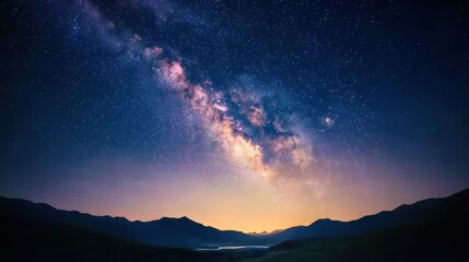 Fototapeta premium Breathtaking view of a starry night sky with the Milky Way stretching across the horizon, framed by mountains, Perfect for nature-themed projects, astronomy articles, or dreamlike designs,