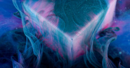 Pigment splash. Ink mist. Blue smoke swirl blend fluid. Color underwater dive crystal cube pink stand abstract blur violet background.