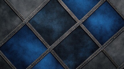 A textured background featuring dark and blue diamond-patterned panels, bordered by stitched seams, ideal for use in design projects, textiles, or as a backdrop for branding materials,