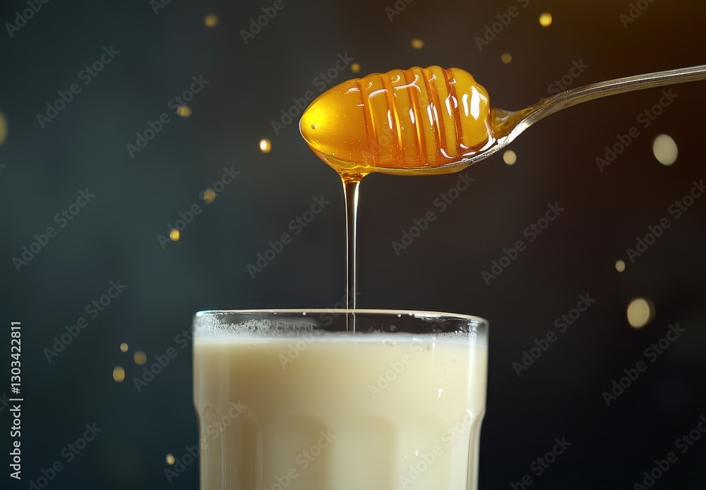 Aufkleber close-up of honey dripping from spoon into glass of milk with dark background and sparkling particle