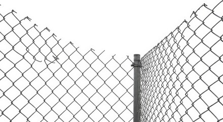 Damaged Chain Link Fence on White Background - A damaged chain link fence, symbolizing vulnerability, breach, insecurity, fragility, and the need for repair. The is simple, yet conveys strong emotions