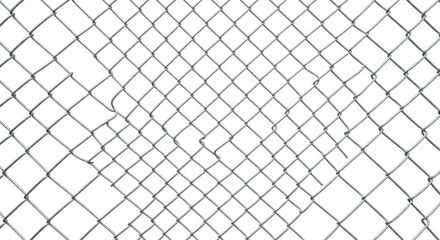 Damaged Chain Link Fence White Background - Damaged chain link fence, security breach, vulnerability, weak points, metal texture. Symbolizes fragility, insecurity, and broken barriers