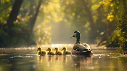 Fototapeta premium A mother duck leads her ducklings through a serene, sunlit pond.