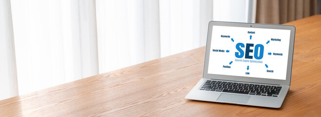 SEO search engine optimization for modish e-commerce and online retail business showing on computer...
