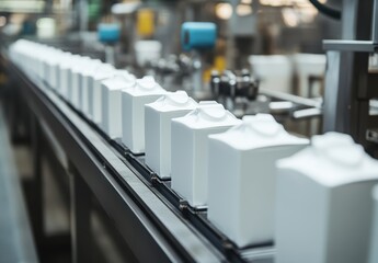 Obraz premium Close-Up View of Automated Assembly Line with White Milk Cartons in Modern Factory Setting