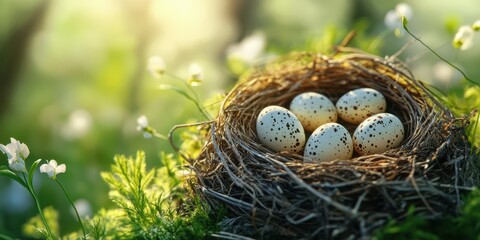 Obraz premium Nest containing six speckled eggs surrounded by blooming flowers in a tranquil forest setting during early morning