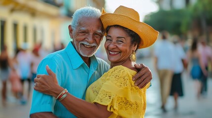 an elderly couple in Cuba sharing a romantic salsa dance in a public square capturing the beauty of cultural expression movement and lifelong joy through music