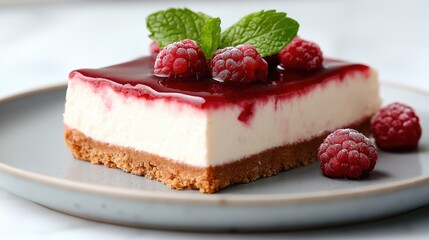 Delicate raspberry cheesecake features creamy texture, crunchy crust, and glossy coulis garnished with fresh berries and mint