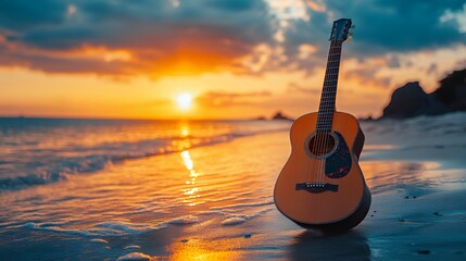 Acoustic guitar on the beach during a vibrant sunset